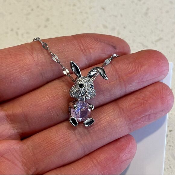 Silver and Pink Easter Bunny Pendant Necklace - Picture 6 of 10